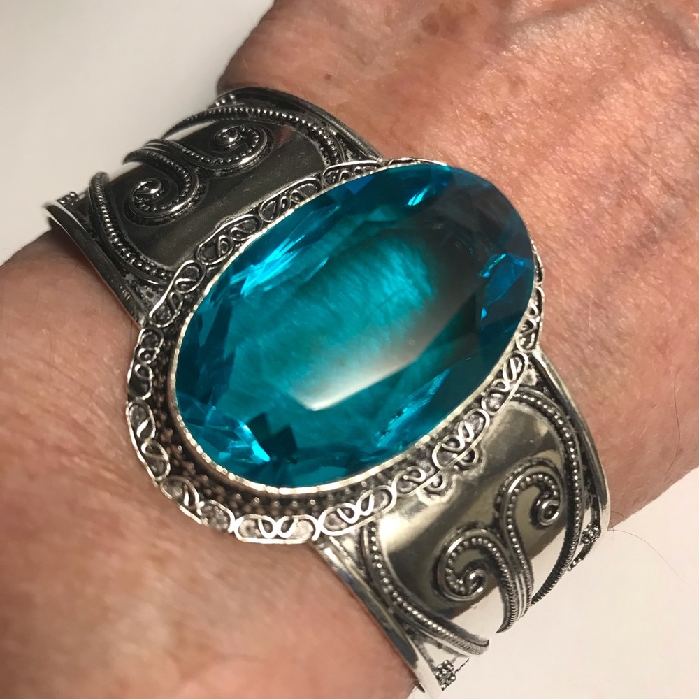 Blue Topaz Stamped Solid 925 Sterling Silver Cuff Bracelet